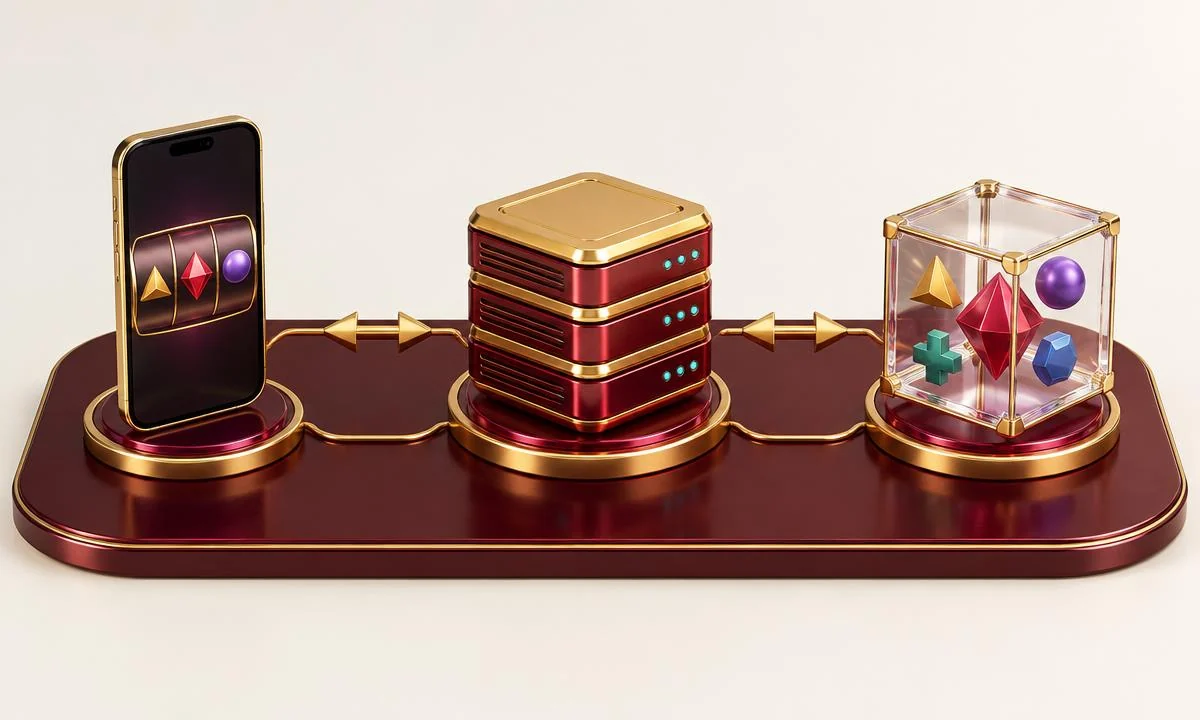 ภาพแนวคิดระบบ API ของเว็บไซต์เกม เชื่อมต่อหน้าเกม แพลตฟอร์ม และผู้ให้บริการซอฟต์แวร์